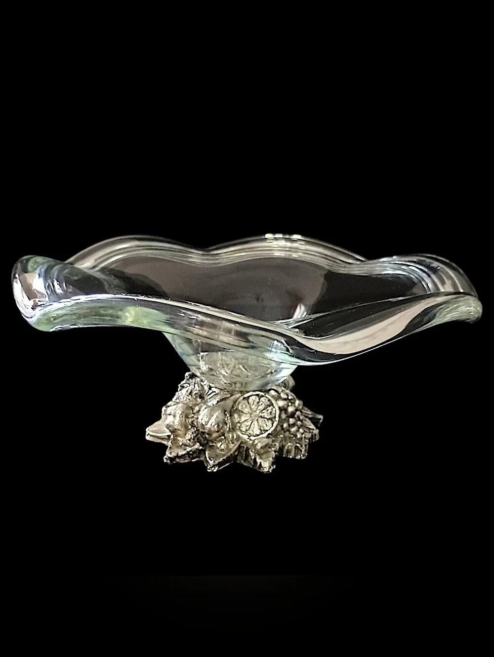 Vintage Murano Cristal Line Compote Bowl Dish Silver Tone Fruit Pedestal Italy